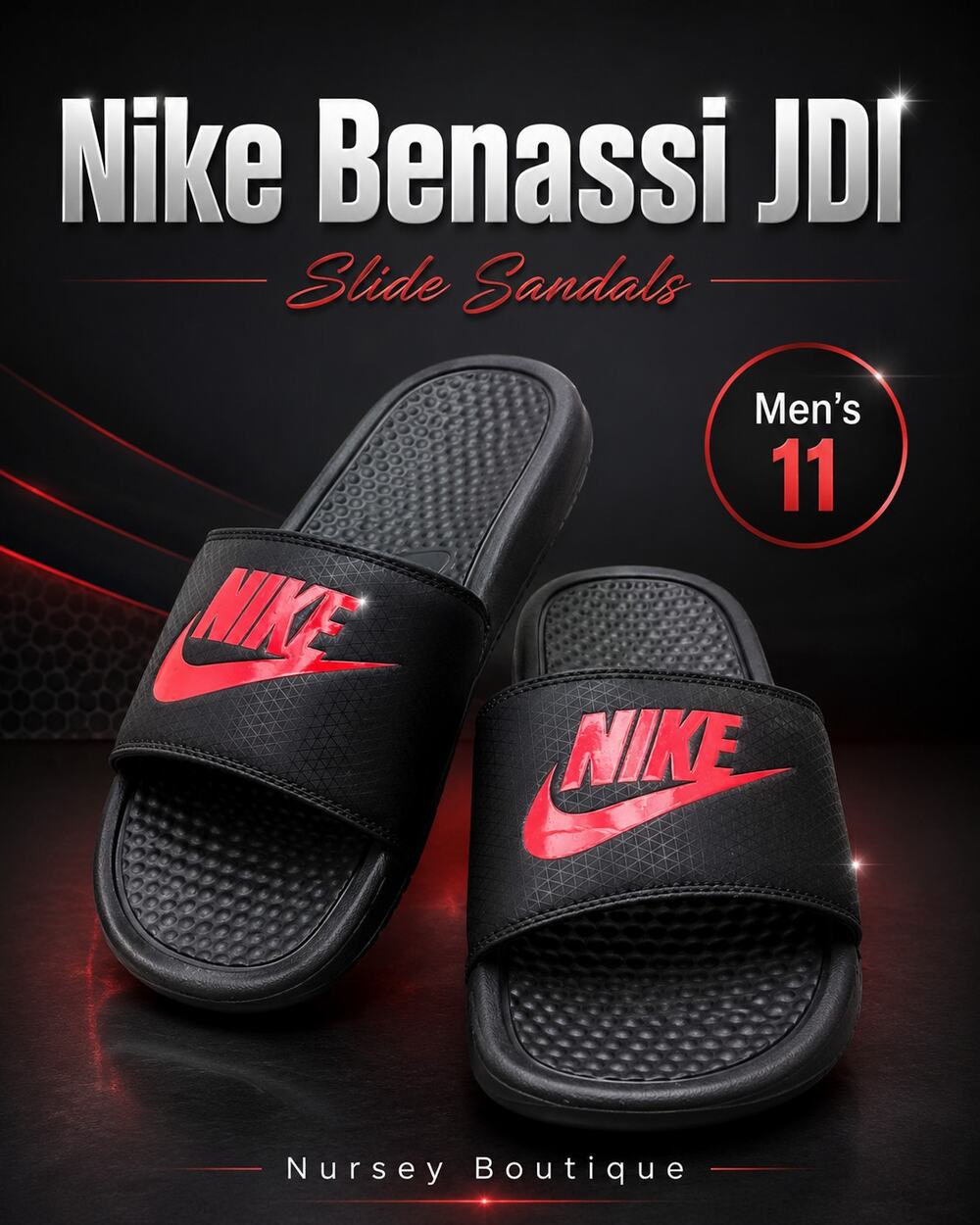 Nike Benassi JDI Slides Black Red Mens 11 343880-060 Sandals